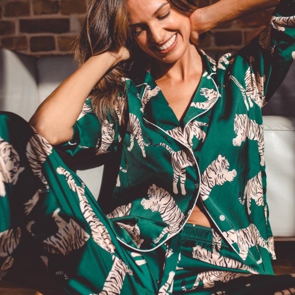Averie Zola Tiger Satin Pajama Long Sleeve button Up Top Green